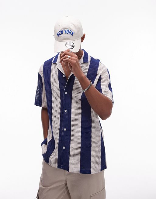Topman - Hæklet skjorte med korte ærmer og striber i blå