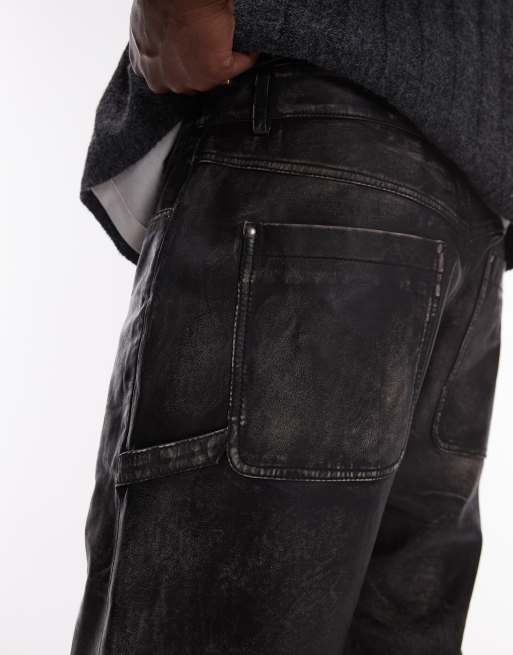 Topman – Hochwertige Lederhose in Schwarz mit geradem Schnitt und Used-Design, 5 von 5
