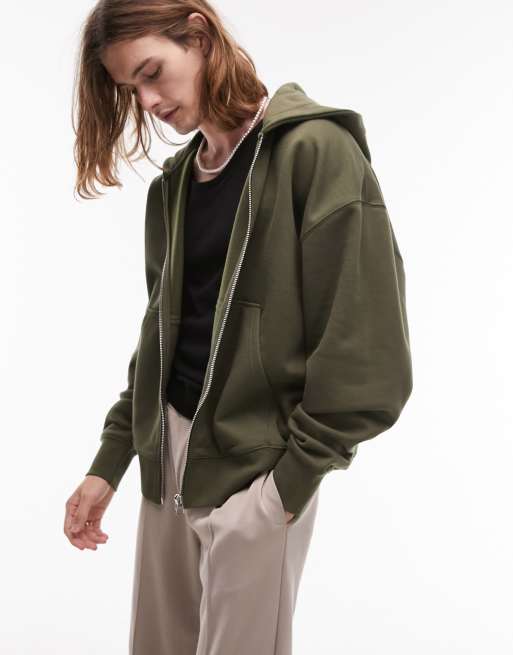 Topman – Hochwertiger Kapuzenpullover in Khaki mit Oversize-Passform und Reißverschluss