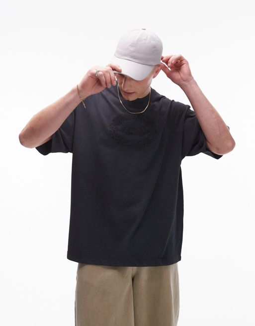 Topman – Hochwertiges Extrem-Oversize-T-Shirt in verwaschenem Schwarz mit Handshake-Stickerei