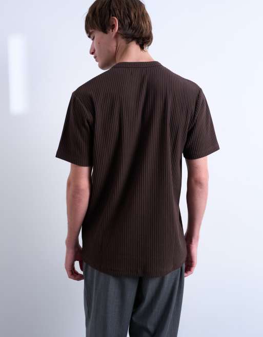 Topman – Hochwertiges, geripptes T-Shirt aus schwerem Stoff in Braun, 4 von 5