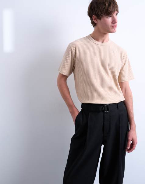 Topman – Hochwertiges, geripptes T-Shirt aus schwerem Stoff in Kamelbraun - view 1