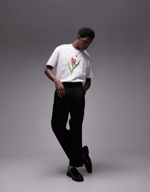 Topman – Hochwertiges Oversize-T-Shirt in Weiß mit Tulpen-Stickerei, 3 von 4