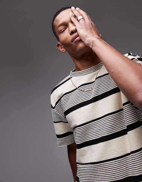 Topman – Hochwertiges Relaxed-Fit-T-Shirt in Ecru mit Streifen - view 1