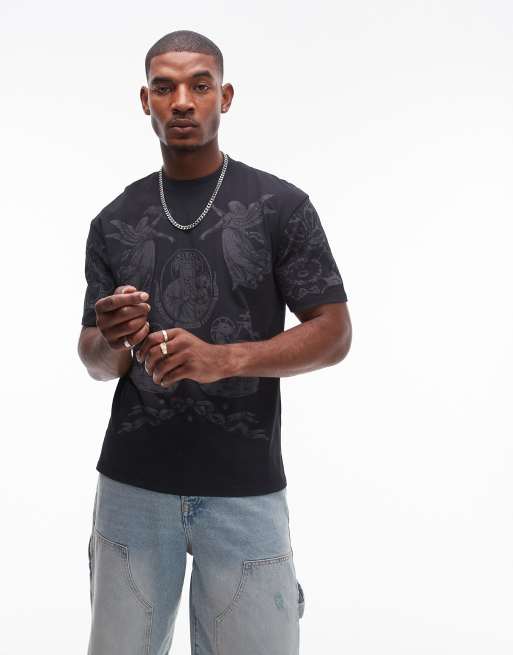 Topman – Hochwertiges Relaxed-Fit-T-Shirt in verwaschenem Schwarz mit Print mit religiösen Symbolen auf Vorder- und Rückseite