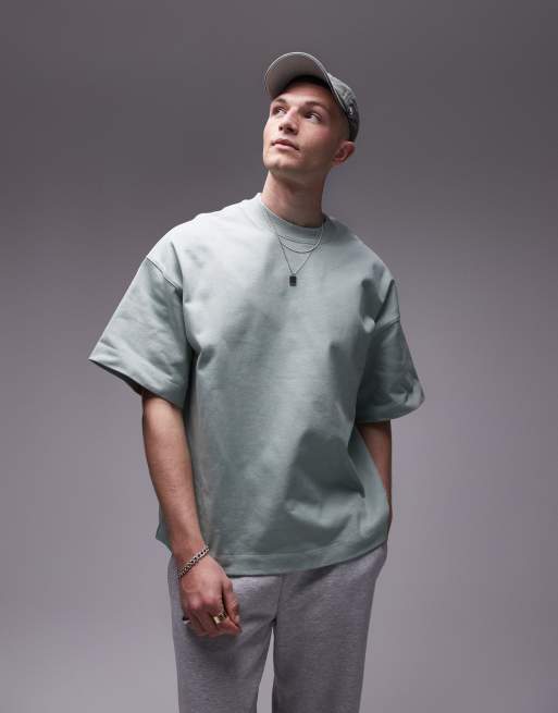 Topman – Hochwertiges, schweres Oversize-T-Shirt in Salbeigrün mit überschnittenen Schultern, 370 g/m²