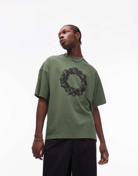 Topman – Hochwertiges Super-Oversize-T-Shirt in Grün mit Kranzstickerei - view 1