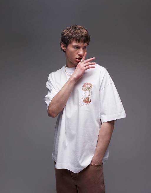 Topman – Hochwertiges T-Shirt in Weiß mit extremem Oversize-Schnitt und Quallen-Print am Rücken