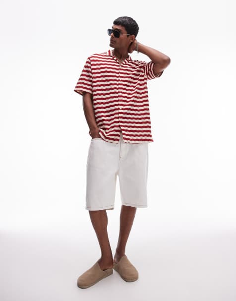 Topman - Holiday - Camicia a maniche corte rossa a righe all'uncinetto - view 1