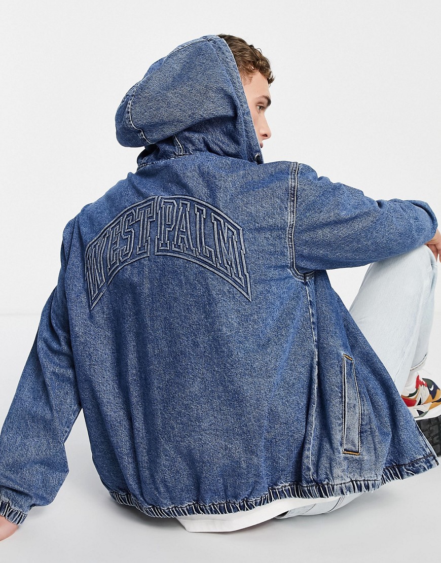 Topman hooded denim jacket with embroidery in mid wash blue-Blues