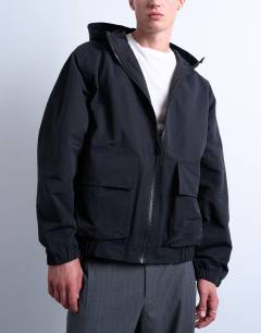 Hooded short zip up jacket in black