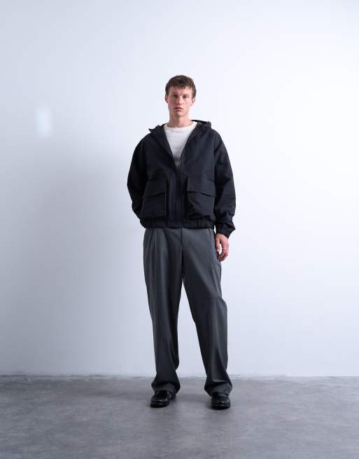 Topman hooded short zip up jacket in black