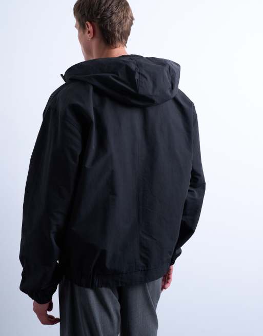 Topman hooded short zip up jacket in black
