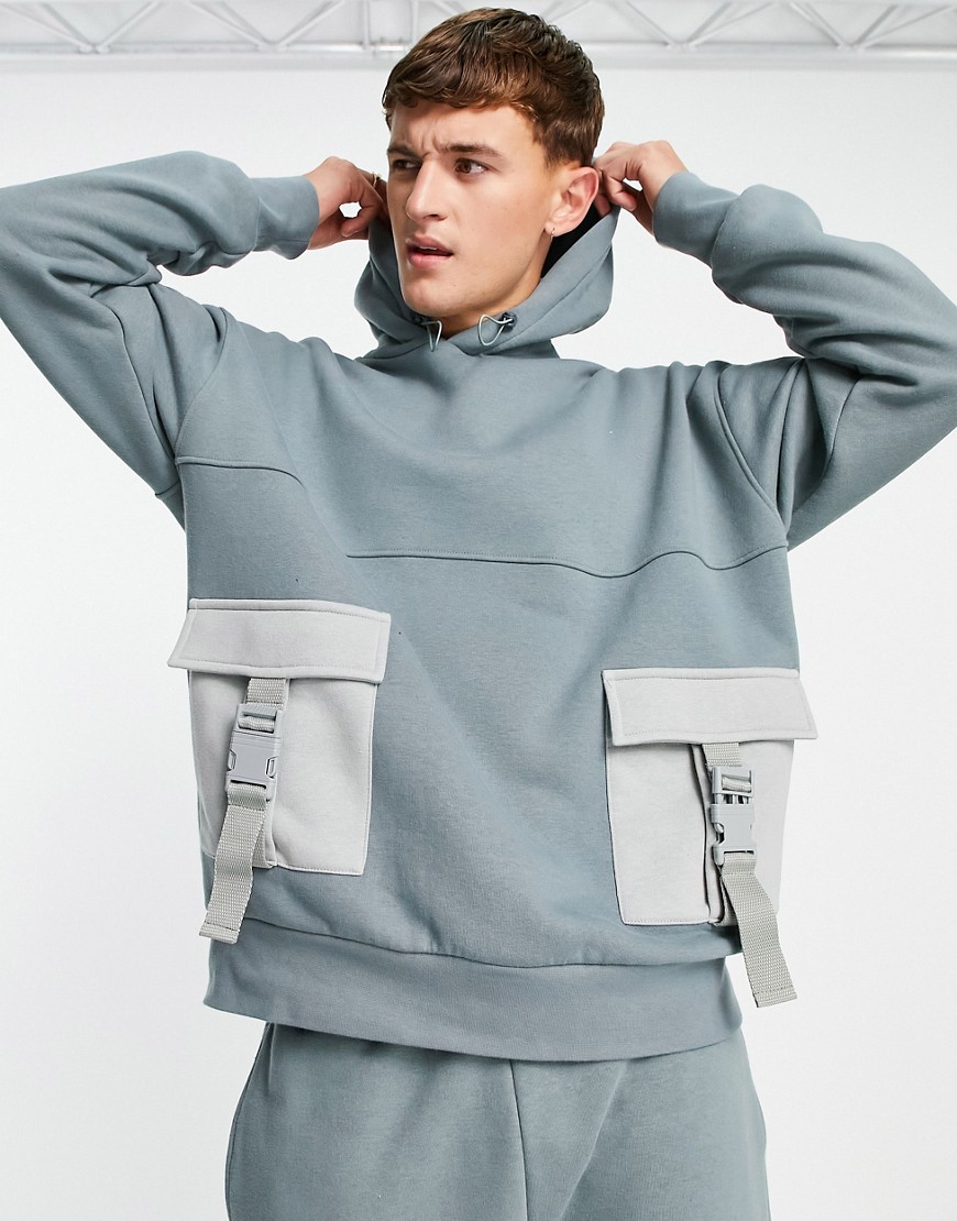 Topman hoodie with web detailing in sage - part of a set-Green