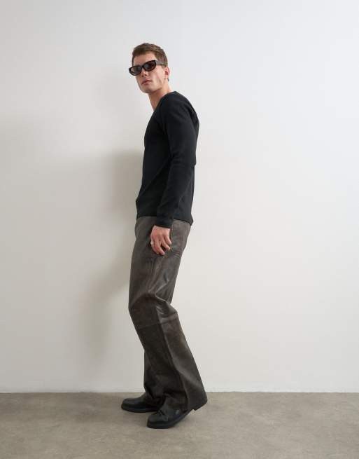 Topman Hose mit geradem Schnitt aus Echtleder in Espressobraun, 2 von 5