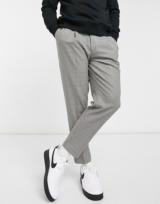 Topman houndstooth check tapered trousers in dark brown and white