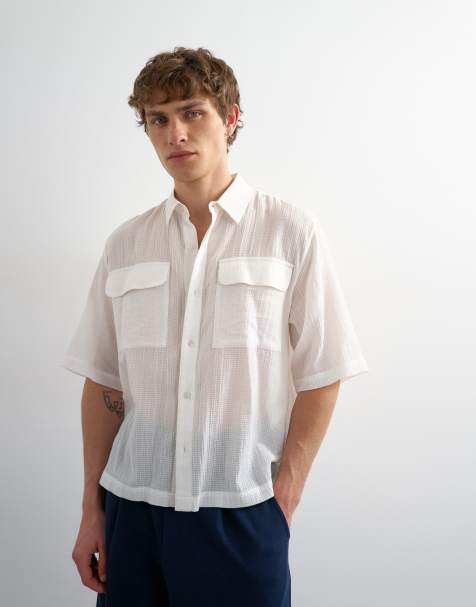 Topman - Hvid afslappet og cropped samt kortærmet skjorte i transparent ripstop-stof - view 1