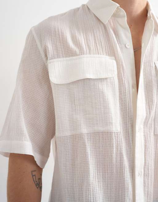 Topman - Hvid afslappet og cropped samt kortærmet skjorte i transparent ripstop-stof, 5 af 5