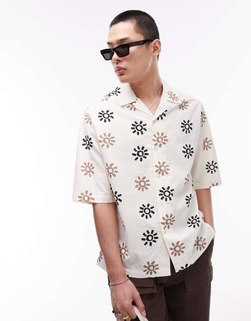 Topman - Hvid festival-skjorte med korte ærmer og solprint