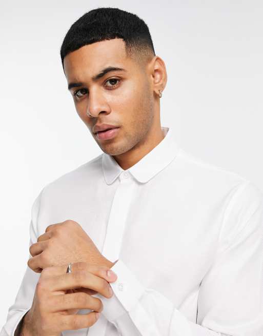 Topman - Hvid og elegant slim-skjorte med lange ærmer og tekstur samt penny-krave i egyptisk bomuld 