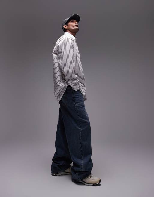 Topman - Hvid og oversized skjorte med lange ærmer og striber i brændt rød, 3 af 4