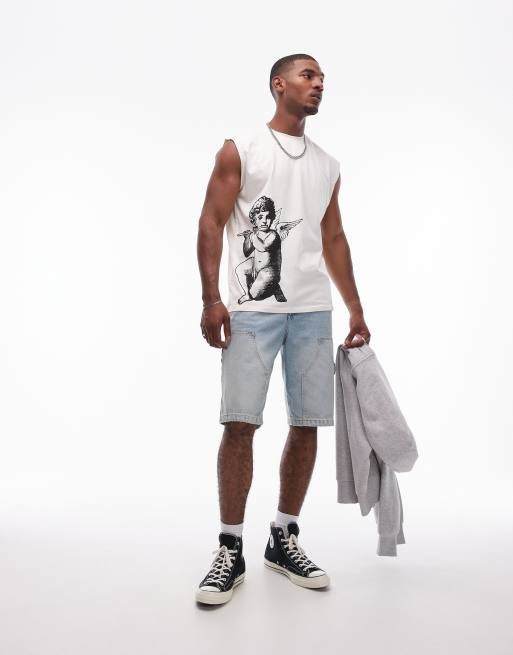 Topman - Hvid tanktop uden ærmer med oversized pasform og engleprint