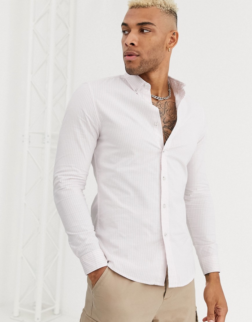 Topman - Hvidstribet skjorte med lange ærmer og grandad-krave-Pink