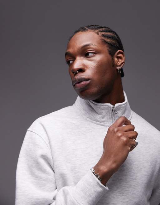 Topman – Isgrå, melerad sweatshirt med 1/4-lång dragkedja