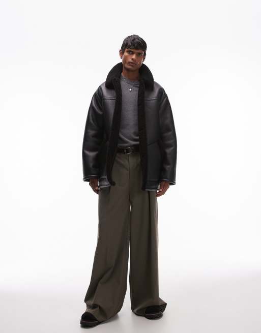 Topman – Jacke aus Lammfellimitat in Schwarz mit Lammfellkragen, 2 von 4