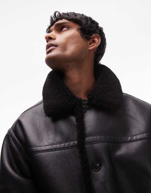 Topman – Jacke aus Lammfellimitat in Schwarz mit Lammfellkragen, 3 von 4