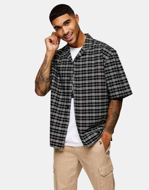 Topman jacquard check slim shirt in black and ecru | ASOS