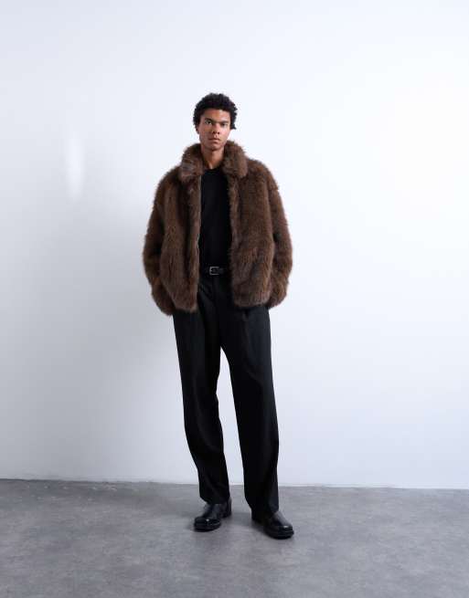 Topman Jas van imitatiebont met rits in bruin, 2 van 5