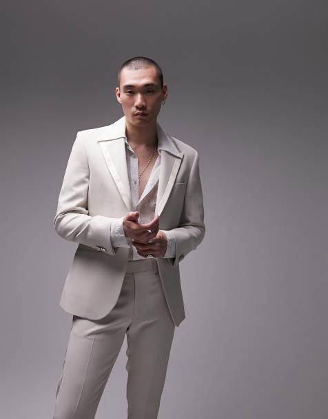 Topman – Jasnobeżowa jednorzędowa marynarka smokingowa o dopasowanym kroju z lamówką - view 1