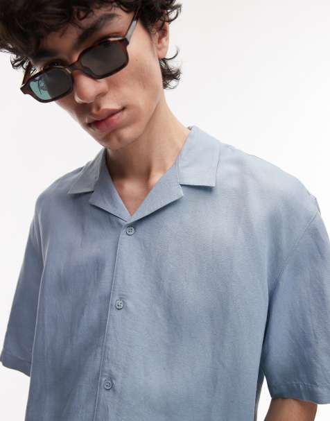 Topman regular fit short sleeve linen blend shirt in light blue