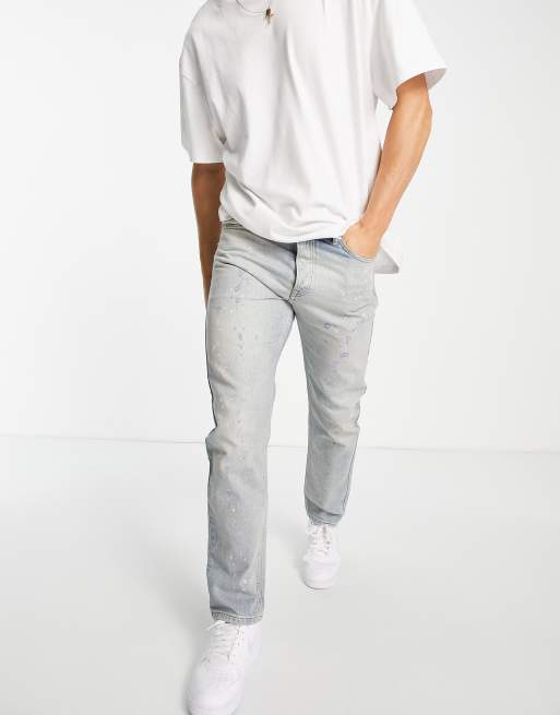Topman – Jasnoniebieskie jeansy z prostymi nogawkami z plamkami farby