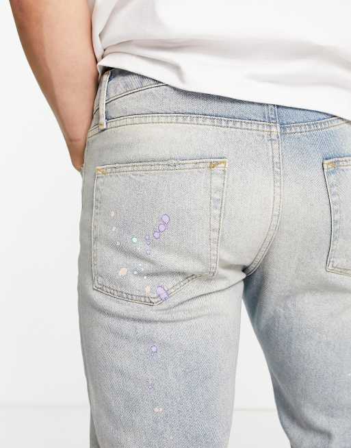 Topman – Jasnoniebieskie jeansy z prostymi nogawkami z plamkami farby, 3 z 4