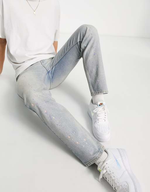 Topman – Jasnoniebieskie jeansy z prostymi nogawkami z plamkami farby, 4 z 4