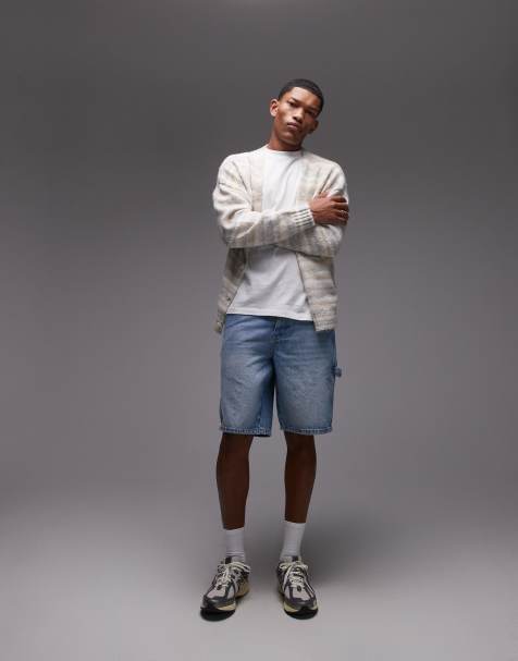 Topman denim carpenter short in light wash blue