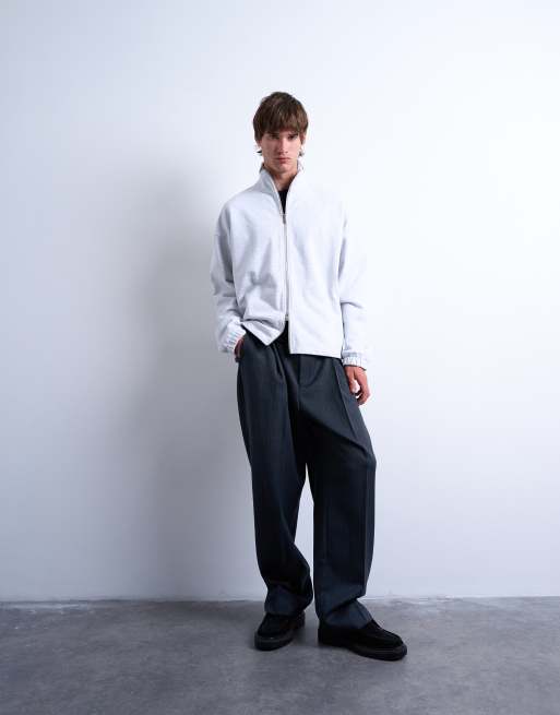 Topman – Jasnoszara melanżowa gruba bluza o pudełkowym kroju z wysokim kołnierzem zapinana na zamek