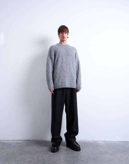 Topman – Jasnoszary sweter o luźnym kroju z dzianiny boucle, 2 z 5