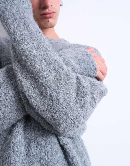 Topman – Jasnoszary sweter o luźnym kroju z dzianiny boucle, 4 z 5