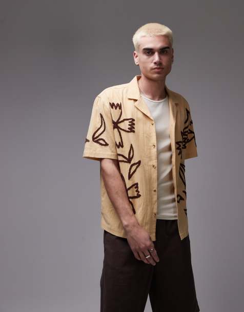 Topman relaxed fit revere emboridered shirt in buttermilk yellow