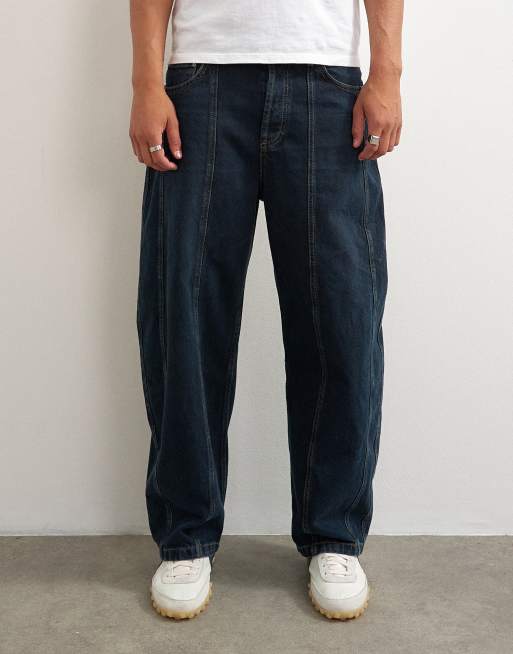 Topman jean coupe barrel rigide à empiècements délavage foncé uni, 2 de 5