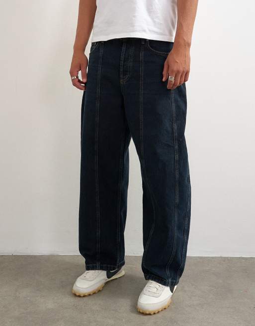 Topman jean coupe barrel rigide à empiècements délavage foncé uni, 4 de 5