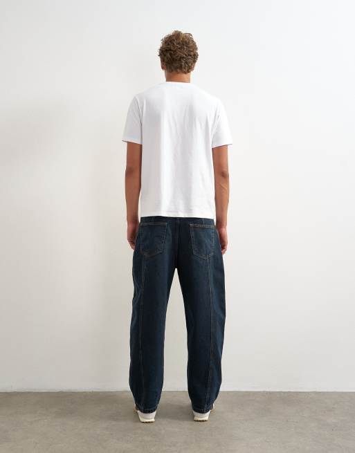 Topman jean coupe barrel rigide à empiècements délavage foncé uni, 5 de 5