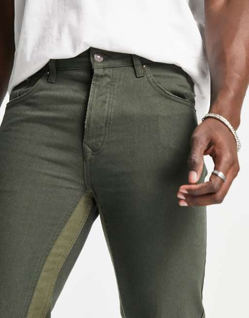 Topman - Jean droit évasé à ourlets effilochés et empiècements contrastants - Kaki, 3 de 4