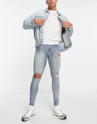 Topman super spray on rip jeans in light wash tint blue - ASOS Price Checker