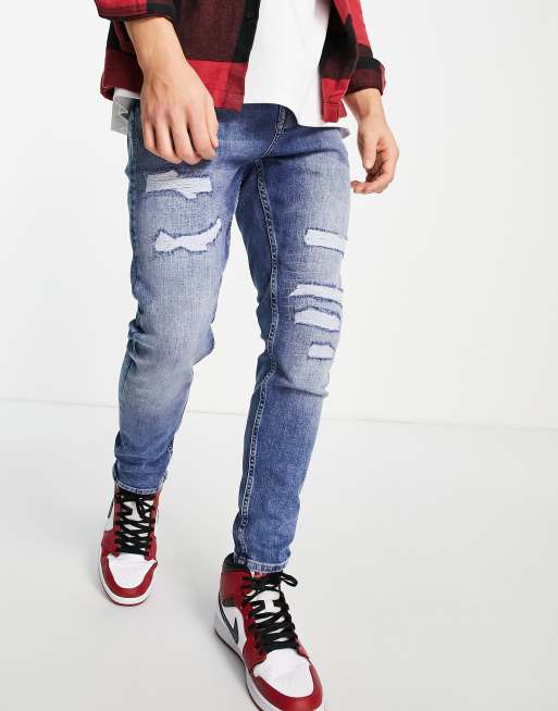 Topman - Jean fuselé avec déchirures rapiécées - Bleu foncé délavé, 4 de 4