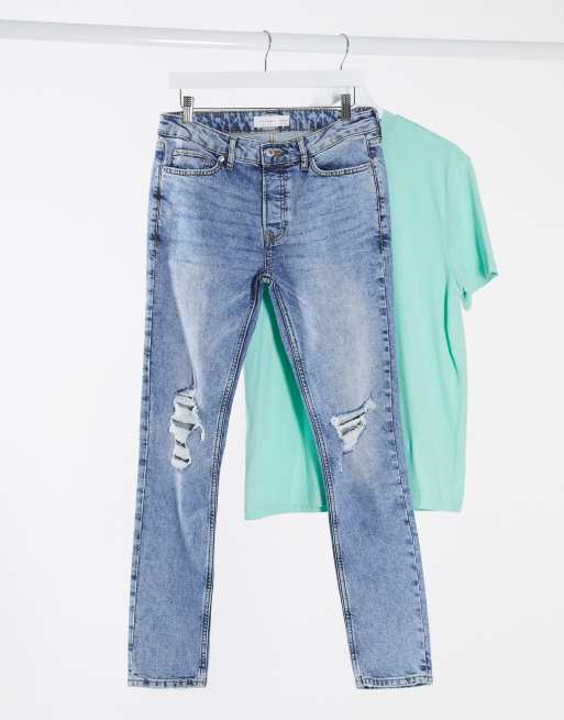 Topman - Jean skinny en coton mélangé extensible à déchirures - Délavage clair - MBLUE