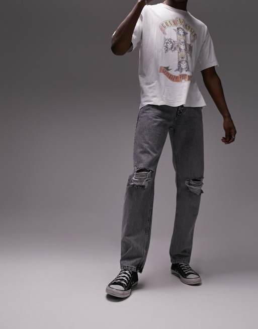 Topman - Jeans dritti corti con strappi e lavaggio acido grigio
